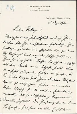 Francke, Kuno, 1855-1930 autograph letter signed to Hugo Münsterberg, Cambridge, Mass., 31 December 1910