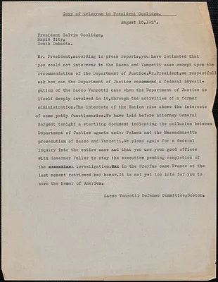 Sacco-Vanzetti Defense Committee telegram (copy) to Calvin Coolidge, Boston, Mass., August 10, 1927