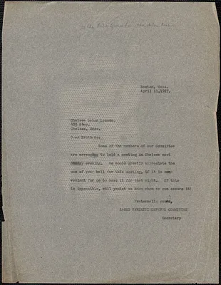 Sacco-Vanzetti Defense Committee typed note (copy) Labor Lyceum Association (Chelsea, Mass.), Boston, Mass., April 11, 1927