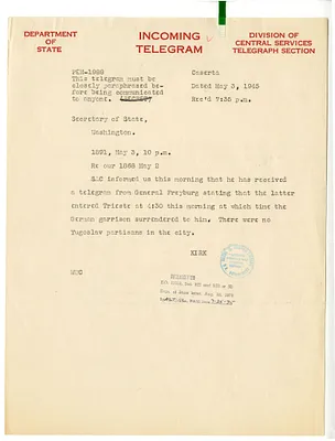 Telegram from Alexander Kirk to Secrertary of State Edward Stettinius