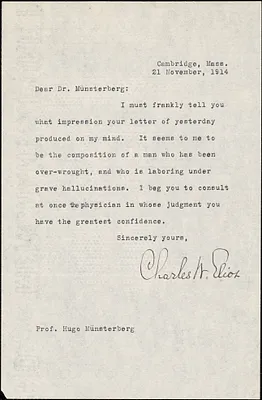 Eliot, Charles William, 1834-1926 typed letter signed to Hugo Münsterberg, Cambridge, Mass., 21 November 1914