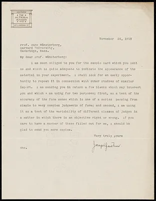 Jastrow, Joseph, 1863-1944 typed letter signed to Hugo Münsterberg, Madison, Wis., 24 November 1913