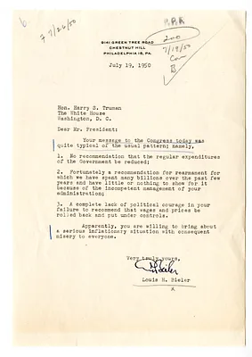 Letter from Louis Bieler to President Harry S. Truman