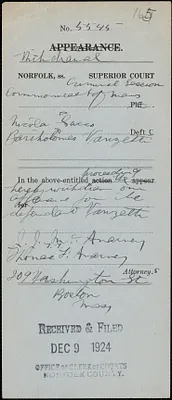 Withdrawal of appearance of J.J. McAnarney and T.F. McAnarney for defendant Bartolomeo Vanzetti