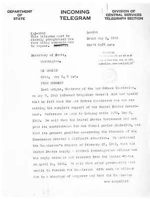 Telegram from John G. Winant to Secrertary of State Edward Stettinius