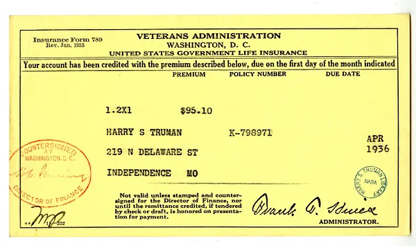 Insurance Premium Notice for Harry S. Truman, United States Veterans Administration