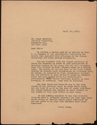 Sacco-Vanzetti Defense Committee typed letter (circular) to Luigi Barzini (Corriere d'America), Boston, Mass., April 25, 1927
