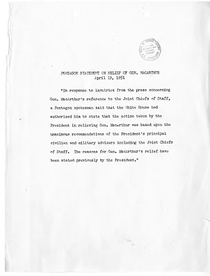Press Release, Pentagon Statement on Relief of General MacArthur