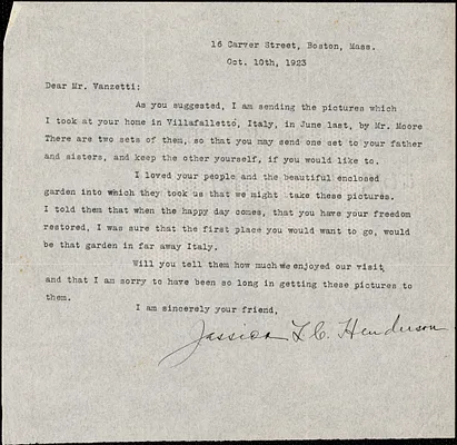 Jessica Henderson typed letter signed to Bartolomeo Vanzetti, Boston, 10 October 1923