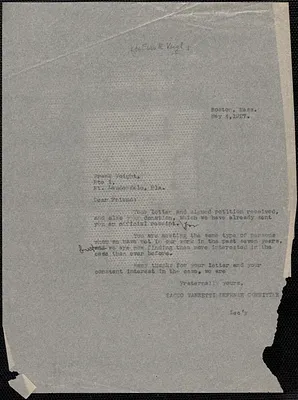 Sacco-Vanzetti Defense Committee typed letter (copy) to Frank Voight, Boston, Mass., May 4, 1927
