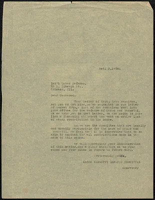 Sacco-Vanzetti Defense Committee typed letter (copy) to International Labor Defense, Boston, Mass., October 5, 1926