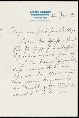 Krueger, Felix, 1874-1948 autograph letter signed to Hugo Münsterberg, New York, 22 January 1913
