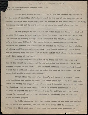 Sacco-Vanzetti Defense Committee typed letter (circular), Boston, Mass., August 26, 1927