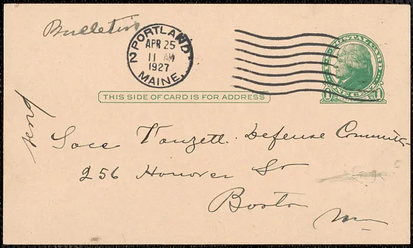 Frank Albano autograph note signed (postcard) to Sacco-Vanzetti Defense Committee, Bangor, Me., April 24, 1927