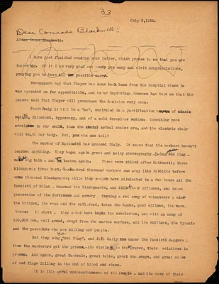 Bartolomeo Vanzetti typed letter (copy) to Alice Stone Blackwell, [Charlestown], 5 July 1924