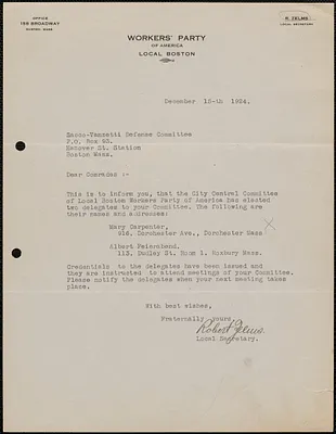 Robert Zelms (Workers Party of America) typed letter signed to Sacco-Vanzetti Defense Committee, Boston, Mass., December 15, 1924