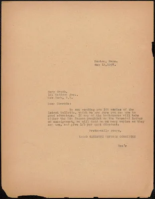 Sacco-Vanzetti Defense Committee typed note (copy) to Mary C. Trask, Boston, Mass., May 13, 1927