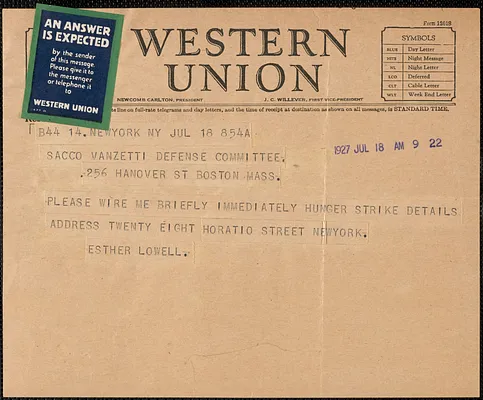 Esther Lowell telegram to Sacco-Vanzetti Defense Committee, New York, N.Y., July 18, 1927
