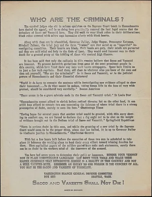 [Ed Delaney] (General Defense Committee Washington Branch) handbill to Sacco-Vanzetti Defense Committee, Seattle, Wash., [July-August 1927]