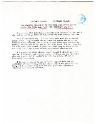 Press Release, Speech of President Harry S. Truman, Des Moines, Iowa