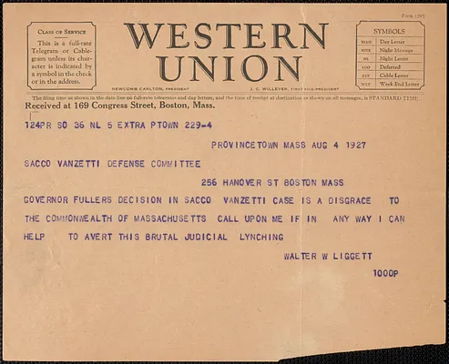 Walter W. Liggett telegram to Sacco-Vanzetti Defense Committee, Provincetown, Mass., August 4, 1927