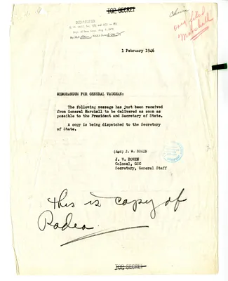 Memorandum from Colonel J. W. Bowen to General Harry Vaughan, with Attached Letter from General George Marshall to President Harry S. Truman