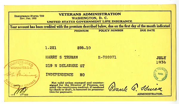 Insurance Premium Notice for Harry S. Truman, United States Veterans Administration