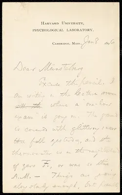 James, William, 1842-1910 autograph letter signed to Hugo Münsterberg, Cambridge, Mass., 8 January 1896