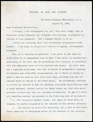 Newcomb, Simon, 1835-1909 typed letter signed to Hugo Münsterberg, Washington, 25 August 1904