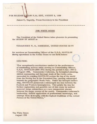 Press Release, Presentation of Awards from President Dwight D. Eisenhower to Commander Robert Anderson and USS Nautilus Crew