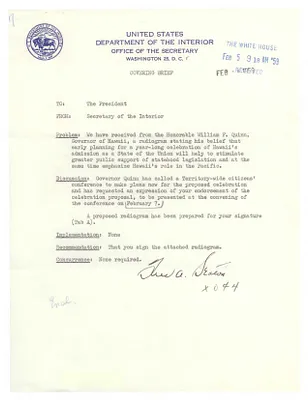 Memorandum, Secretary of the Interior Fred A. Seaton to President Dwight D. Eisenhower Regarding Celebration of Hawaiian Statehood