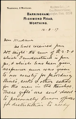 Letter of thanks from Worthing, England