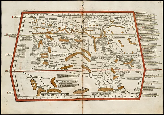 Quarta et Ultima Affrice tabula continet interiorem Libyã Ethyopiam q̄ sub Egypto ẽ & q̃ est interius cũ insulis ei adiacentibus