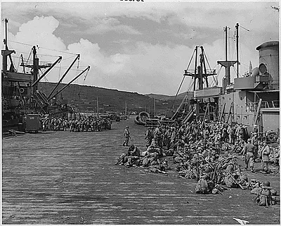 Troops loading on transports for the invasion of Kiska