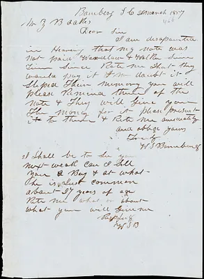 W. S. Bamberg, Bamberg. S.C., autograph note signed to Ziba B. Oakes, 20 March 1857
