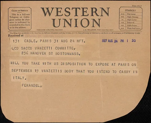 Ferandel telegram to Sacco-Vanzetti Defense Committee, Paris, France, August 24, 1927