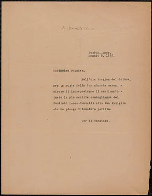 Sacco-Vanzetti Defense Committee typed note (copy), in Italian, to [Vincezo?] Palmieri, Boston, Mass., May 8, 1925