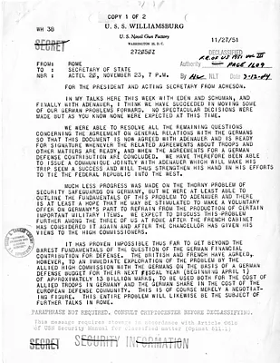 Telegram from Secretary of State Dean Acheson to President Harry S. Truman