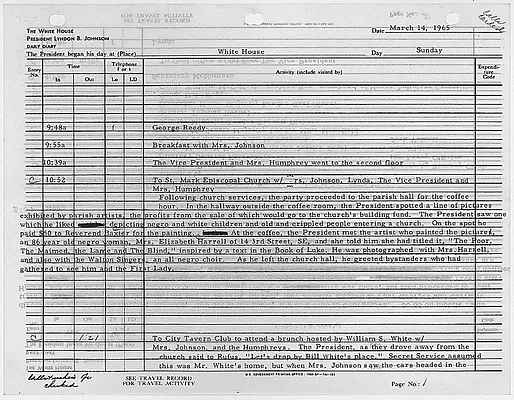 President's Daily Diary Entry, March 14, 1965