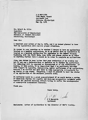 Letter from James Meredith to the Registrar at the University of Mississippi, 15 May 1961