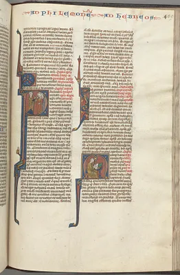 Fol. 459r, Philemon, historiated initial P, Paul addressing three men and Hebrews, historiated initial M, Paul seated at a desk, writing