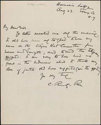 Autograph note signed to [Thomas O'Connor, Citizens National Committee For Sacco and Vanzetti], N. Y., August 23, [1927?]