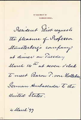 Eliot, Charles William, 1834-1926 autograph note (in 3rd person) to Hugo Münsterberg, Cambridge, Mass., 4 March 1899