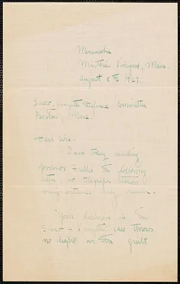 Dorothy G. S. Mann autograph note signed to Sacco-Vanzetti Defense Committee, Nenemaha, Mass., August 8, 1927