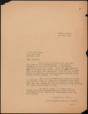Sacco-Vanzetti Defense Committee typed letter (copy) to Martin Sperling, Boston, Mass., May 26, 1927