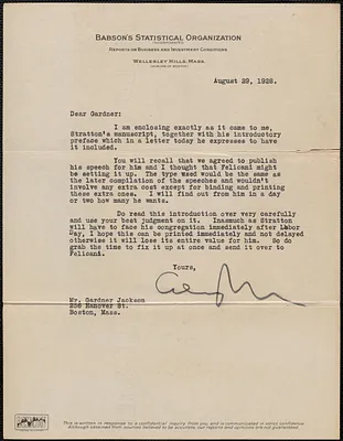 Babson's Statistical Organization typed letter signed (illegible) to Gardner Jackson, Wellesley Hills, Mass., August 29, 1928