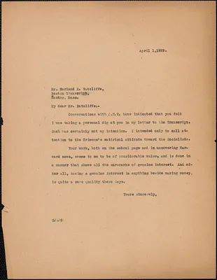 Gardner Jackson typed letter (copy) to Harland R. Ratcliffe (Boston Transcript), [Boston, Mass.], April 1, 1929
