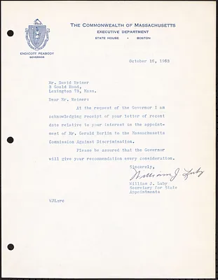 Letter to David Reiner acknowledging receipt of letter about appointment of Mr. Gerald Berlin to the Massachusetts Commission Against Discrimination