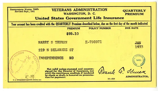 Insurance Premium Notice for Harry S. Truman, United States Veterans Administration