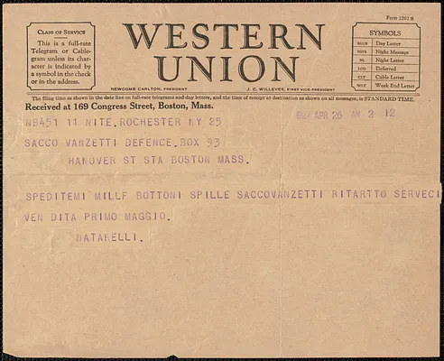 Natarelli telegram, in Italian, to Sacco-Vanzetti Defense Committee, Rochester, N.Y., April 26, 1927